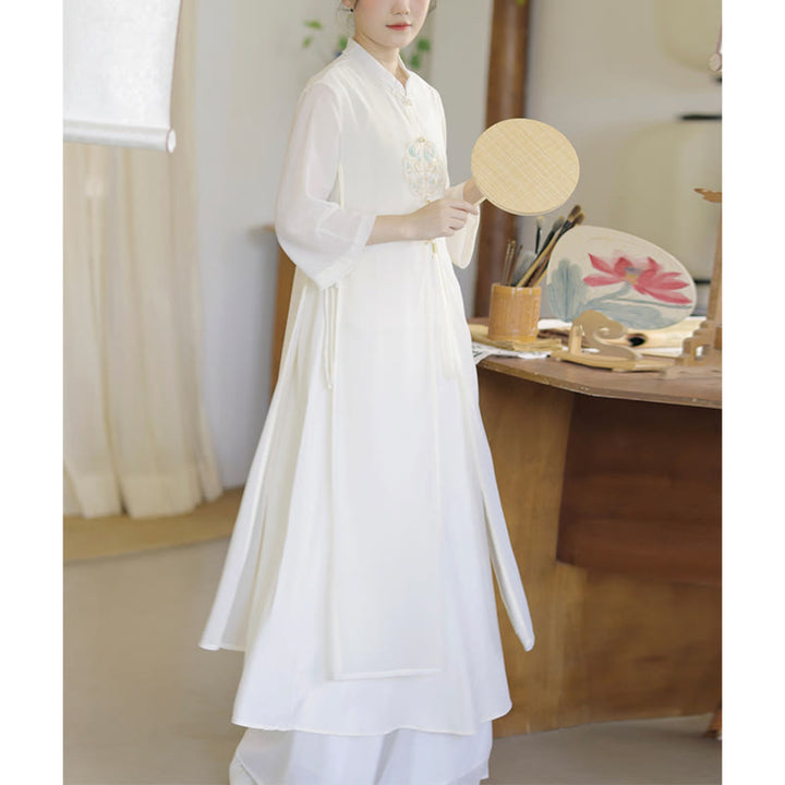 Buddha Stones Embroidery Chiffon Cheongsam Midi Dress Wide Leg Pants Meditation Zen Practice Clothing