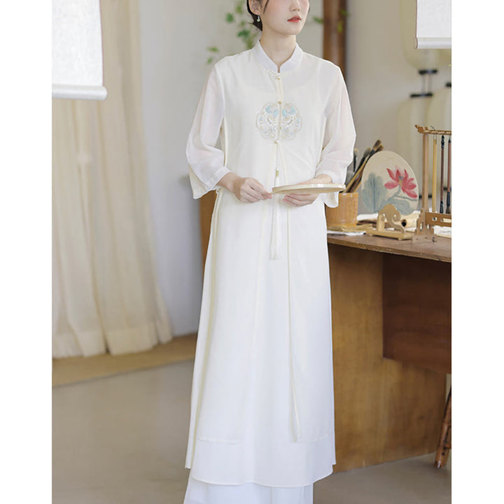 Buddha Stones Embroidery Chiffon Cheongsam Midi Dress Wide Leg Pants Meditation Zen Practice Clothing - image 11
