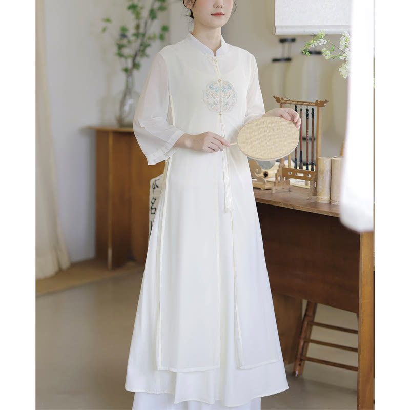 Buddha Stones Embroidery Chiffon Cheongsam Midi Dress Wide Leg Pants Meditation Zen Practice Clothing