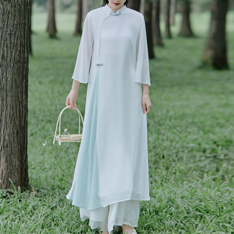 Buddha Stones Three Quarter Sleeve Chiffon Cheongsam Midi Dress Wide Leg Pants Meditation Zen Practice Clothing - image 3