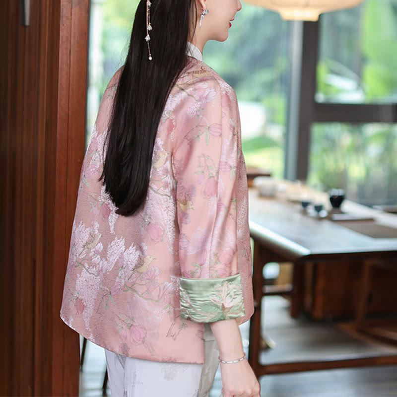 Buddha Stones Flower Embroidery Frog-Button Tang Suit Design Open Front Jacket