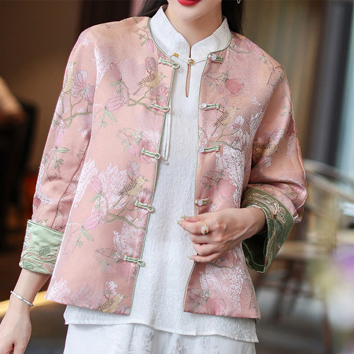 Buddha Stones Flower Embroidery Frog-Button Tang Suit Design Open Front Jacket