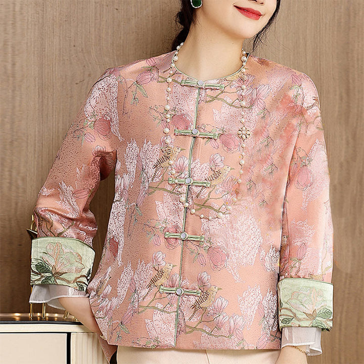 Buddha Stones Flower Embroidery Frog-Button Tang Suit Design Open Front Jacket