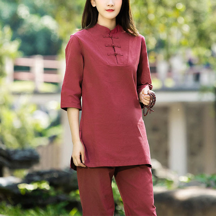 Buddha Stones 2Pcs Half Sleeve Shirt Top Pants Meditation Zen Tai Chi Cotton Linen Clothing Women's Set - Red(Top&Pants) - US8-10，UK/AU12-14，EU40-42 (2XL) - image 2