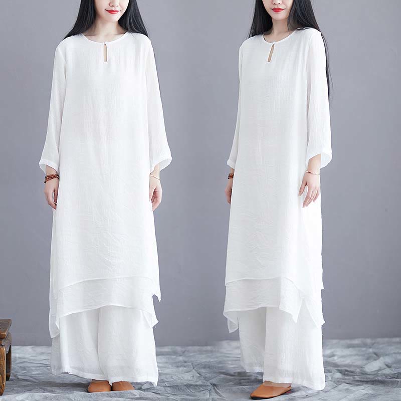 Buddha Stones 2Pcs Solid Color Midi Dress Wide Leg Pants Meditation Spiritual Zen Practice Yoga Dance Clothing - image 8