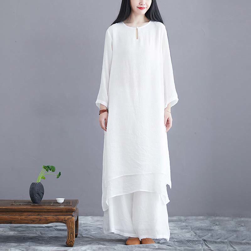 Buddha Stones 2Pcs Solid Color Midi Dress Wide Leg Pants Meditation Spiritual Zen Practice Yoga Dance Clothing - 2Pcs White(Dress&Pants) - US12，UK/AU16，EU44 (2XL)  - image 0