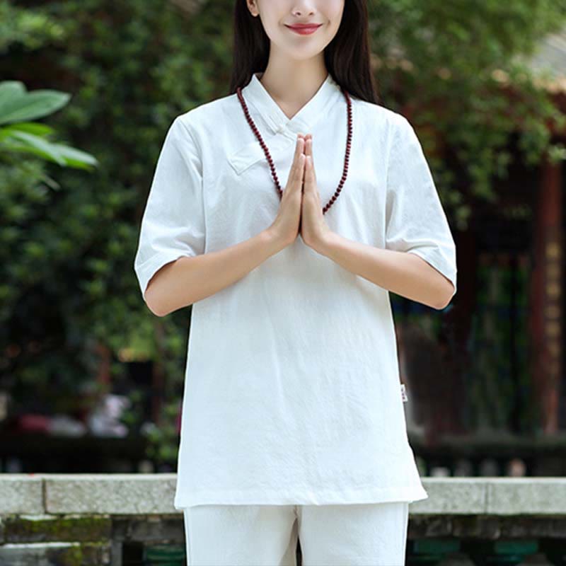 Buddha Stones 2Pcs Half Sleeve V-Neck Shirt Top Pants Meditation Zen Tai Chi Linen Clothing Women's Set - image 4