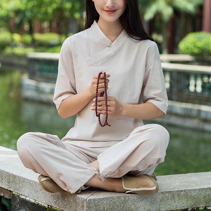 Buddha Stones 2Pcs Half Sleeve V-Neck Shirt Top Pants Meditation Zen Tai Chi Linen Clothing Women's Set - image 1