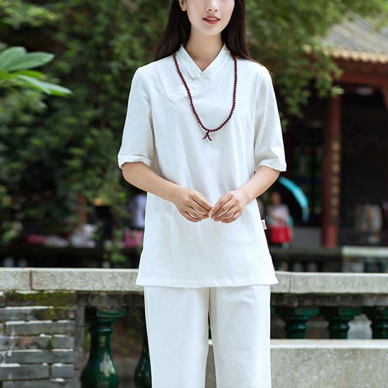 Buddha Stones 2Pcs Half Sleeve V-Neck Shirt Top Pants Meditation Zen Tai Chi Linen Clothing Women's Set