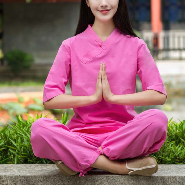 Buddha Stones 2Pcs Half Sleeve V-Neck Shirt Top Pants Meditation Zen Tai Chi Linen Clothing Women's Set