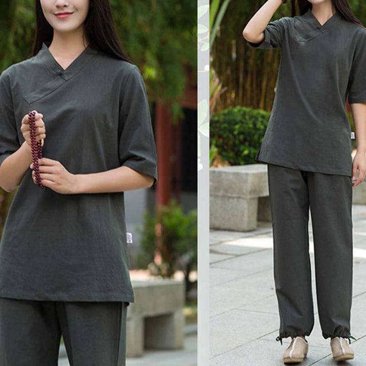 Buddha Stones 2Pcs Half Sleeve V-Neck Shirt Top Pants Meditation Zen Tai Chi Linen Clothing Women's Set - image 18