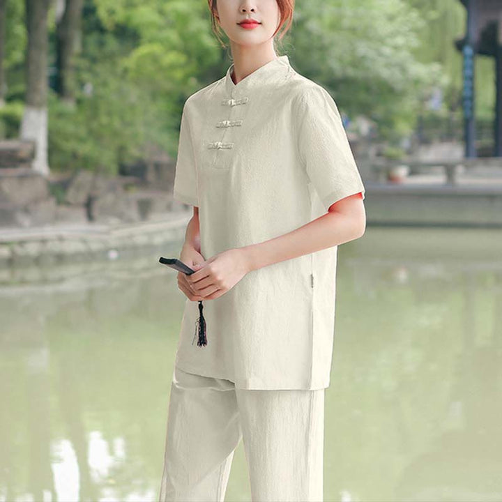 Buddha Stones 2Pcs Women's Short Sleeve Shirt Top T-Shirt Pants Meditation Zen Tai Chi Cotton Linen Clothing Set - Beige(Top&Pants) - US18，UK/AU22，EU50 (6XL) - image 6