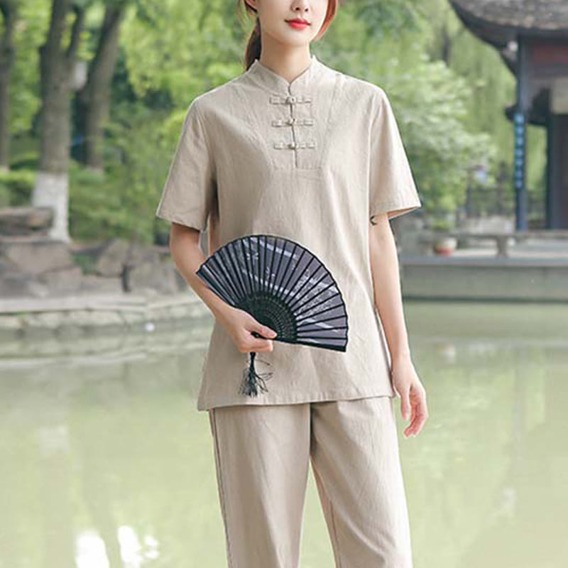 Buddha Stones 2Pcs Women's Short Sleeve Shirt Top T-Shirt Pants Meditation Zen Tai Chi Cotton Linen Clothing Set - image 1