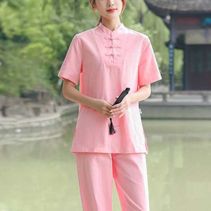 Buddha Stones 2Pcs Women's Short Sleeve Shirt Top T-Shirt Pants Meditation Zen Tai Chi Cotton Linen Clothing Set - Pink(Top&Pants) - US18，UK/AU22，EU50 (6XL) - image 12
