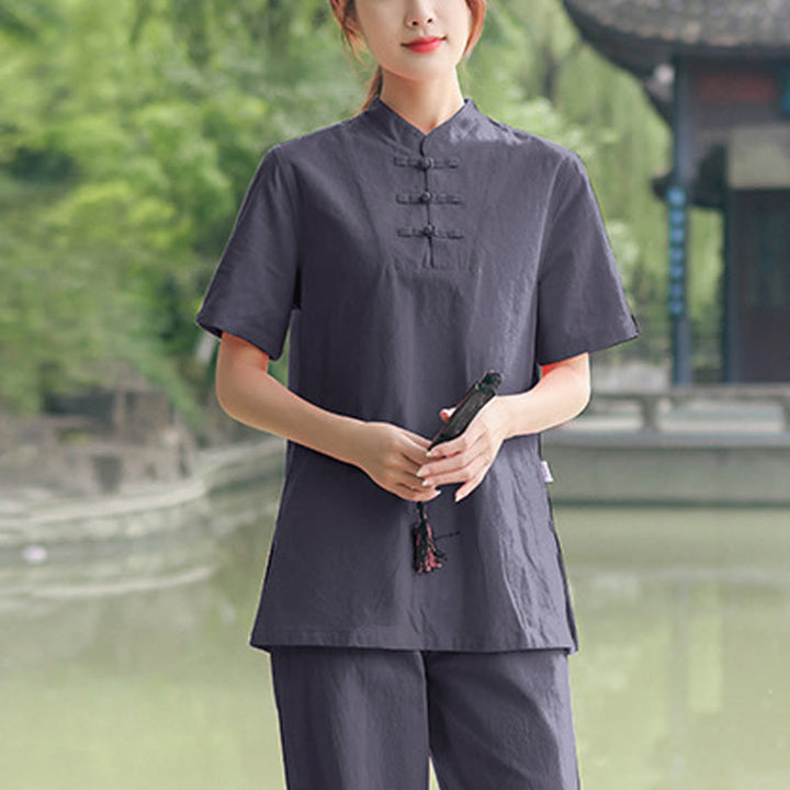 Buddha Stones 2Pcs Women's Short Sleeve Shirt Top T-Shirt Pants Meditation Zen Tai Chi Cotton Linen Clothing Set - Gray(Top&Pants) - US18，UK/AU22，EU50 (6XL) - image 5