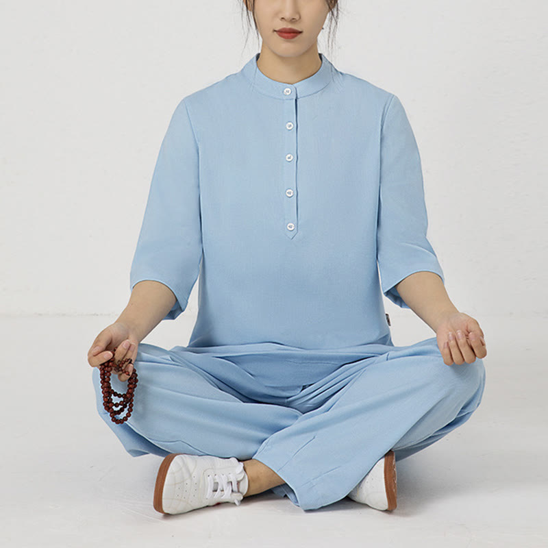 Buddha Stones 2Pcs Solid Color Three Quarter Shirt Top Pants Meditation Zen Tai Chi Cotton Linen Clothing Women's Set