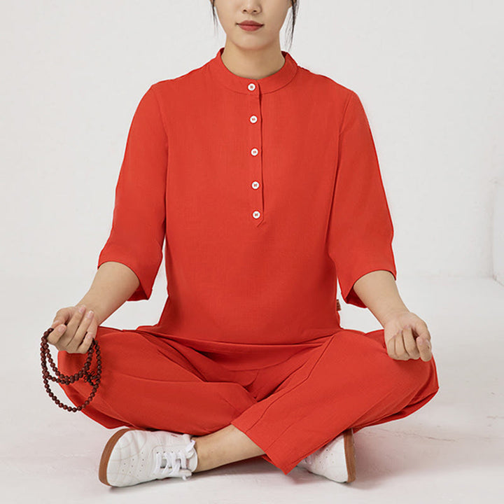 Buddha Stones 2Pcs Solid Color Three Quarter Shirt Top Pants Meditation Zen Tai Chi Cotton Linen Clothing Women's Set