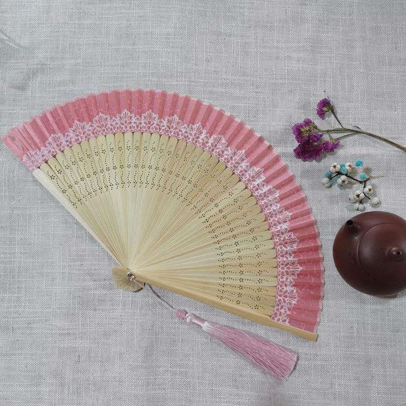 Buddha Stones Simple Hollow Engraved Handheld Bamboo Folding Fan - Pink 22cm - image 5