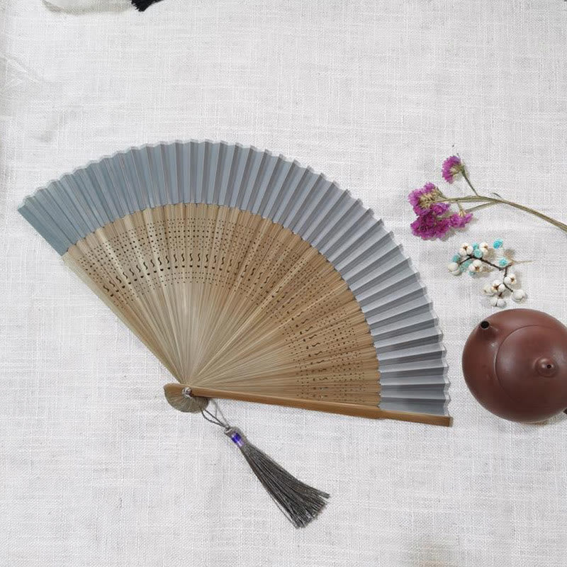 Buddha Stones Simple Hollow Engraved Handheld Bamboo Folding Fan - Gray 22cm - image 11