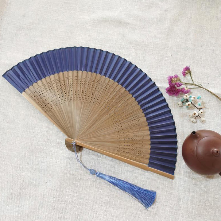 Buddha Stones Simple Hollow Engraved Handheld Bamboo Folding Fan - Blue Beige 22cm - image 10