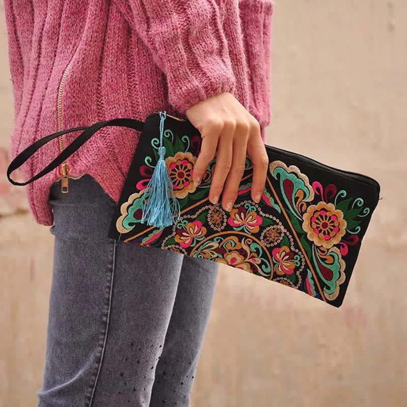Buddha Stones Dragon Butterfly Cosmos Flower Embroidery Wallet Shopping Purse - Cosmos Flower 14*25cm - image 17