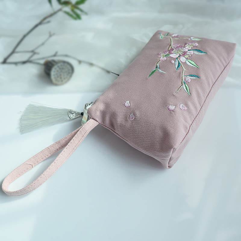 Buddha Stones Small Flower Plum Cherry Crane Peach Blossom Embroidery Canvas Wallet Shopping Purse - Pink Peach Blossom 21*13cm - image 23