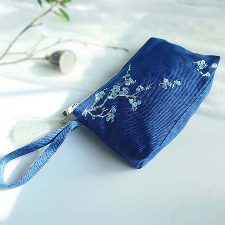 Buddha Stones Small Flower Plum Cherry Crane Peach Blossom Embroidery Canvas Wallet Shopping Purse - Blue Plum 21*13cm - image 14