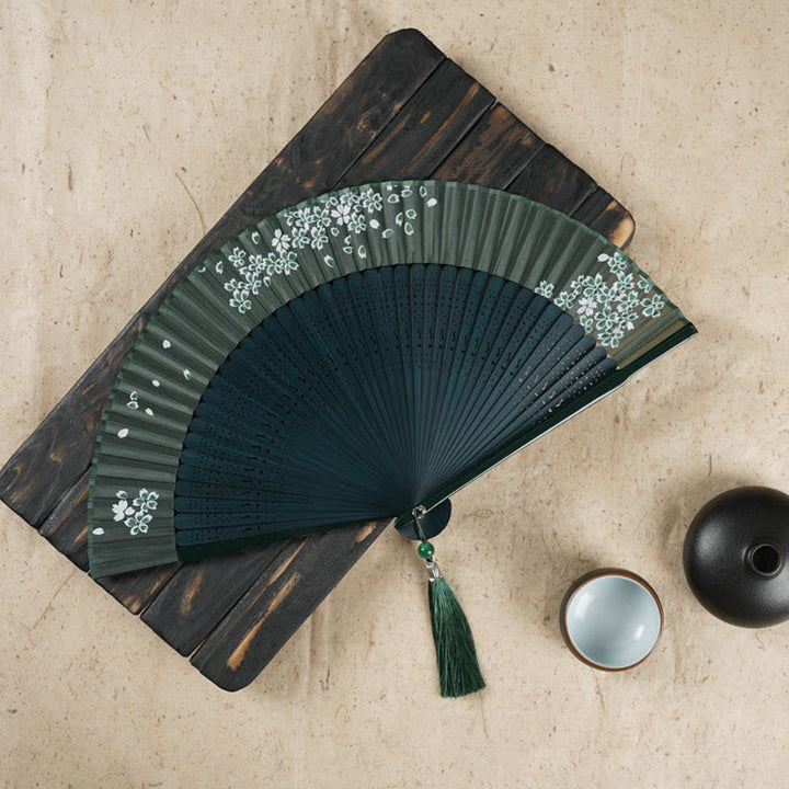 Buddha Stones Simple Cherry Flower Hollow Engraved Handheld Bamboo Folding Fan