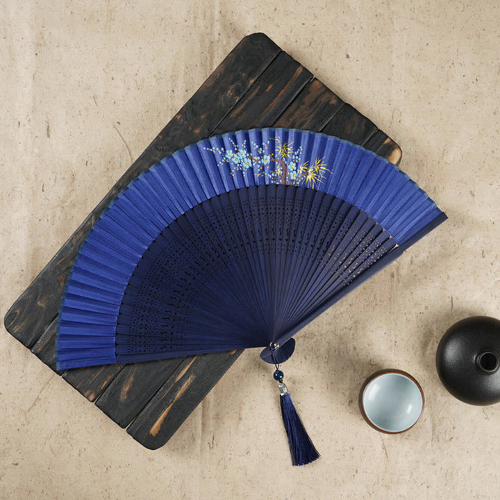 Buddha Stones Simple Cherry Flower Hollow Engraved Handheld Bamboo Folding Fan