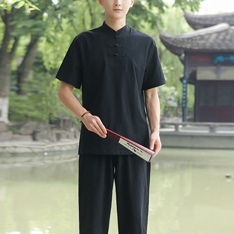 Buddha Stones 2Pcs Men's Short Sleeve Shirt Top T-Shirt Pants Meditation Zen Tai Chi Cotton Linen Clothing Set - Black(Top&Pants) - US/UK/AU48，EU58 (6XL) - image 11