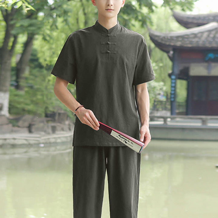 Buddha Stones 2Pcs Men's Short Sleeve Shirt Top T-Shirt Pants Meditation Zen Tai Chi Cotton Linen Clothing Set - Dark Green(Top Only) - US/UK/AU48，EU58 (6XL) - image 10