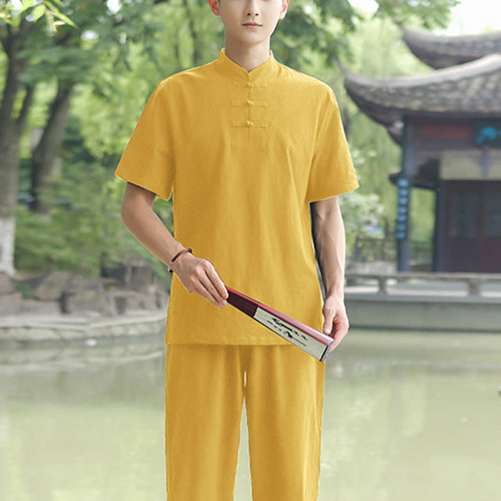 Buddha Stones 2Pcs Men's Short Sleeve Shirt Top T-Shirt Pants Meditation Zen Tai Chi Cotton Linen Clothing Set - Yellow(Top&Pants) - US/UK/AU48，EU58 (6XL) - image 4