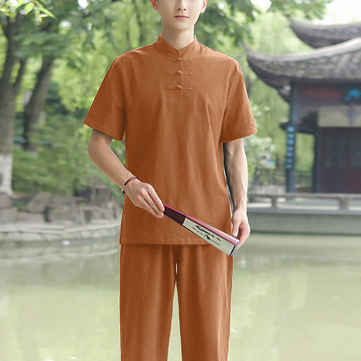 Buddha Stones 2Pcs Men's Short Sleeve Shirt Top T-Shirt Pants Meditation Zen Tai Chi Cotton Linen Clothing Set - Sandybrown(Top&Pants) - US/UK/AU48，EU58 (6XL) - image 3