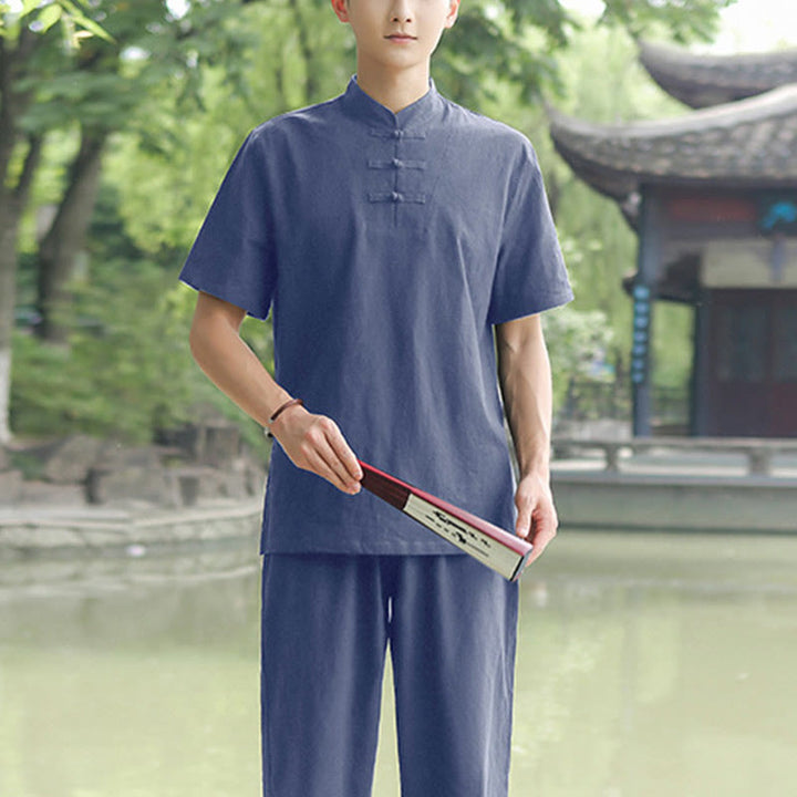Buddha Stones 2Pcs Men's Short Sleeve Shirt Top T-Shirt Pants Meditation Zen Tai Chi Cotton Linen Clothing Set - Blue(Top&Pants) - US/UK/AU48，EU58 (6XL) - image 5