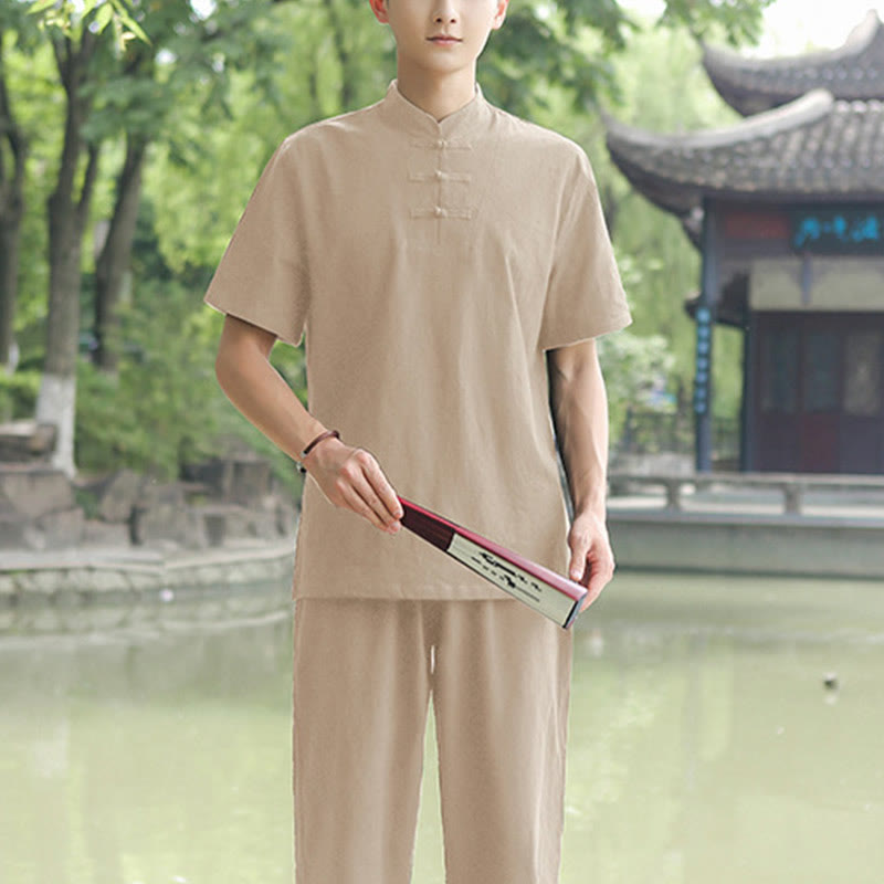 Buddha Stones 2Pcs Men's Short Sleeve Shirt Top T-Shirt Pants Meditation Zen Tai Chi Cotton Linen Clothing Set - Khaki(Top&Pants) - US/UK/AU48，EU58 (6XL) - image 7