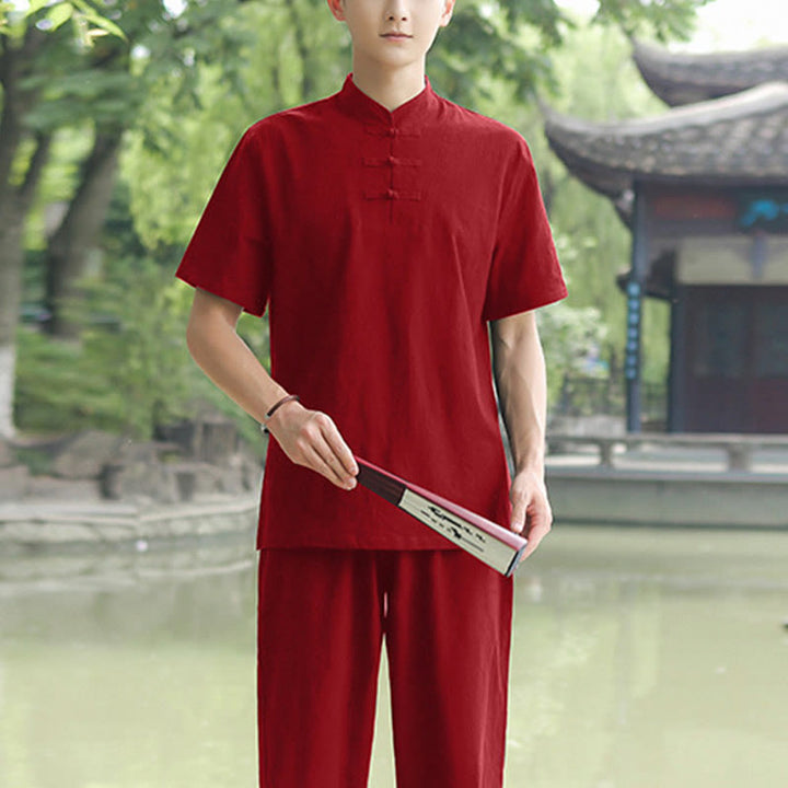 Buddha Stones 2Pcs Men's Short Sleeve Shirt Top T-Shirt Pants Meditation Zen Tai Chi Cotton Linen Clothing Set - Wine Red(Top Only) - US/UK/AU48，EU58 (6XL) - image 9