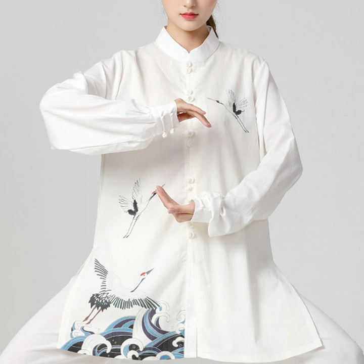 Buddha Stones White Crane Sea Cotton Linen Meditation Prayer Spiritual Zen Tai Chi Qigong Practice Clothing Set