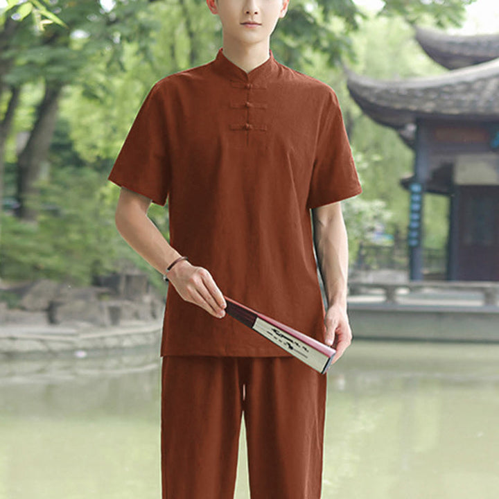 Buddha Stones 2Pcs Men's Short Sleeve Shirt Top T-Shirt Pants Meditation Zen Tai Chi Cotton Linen Clothing Set - Brown(Top&Pants) - US/UK/AU48，EU58 (6XL) - image 6