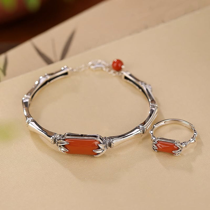 Buddha Stones 925 Sterling Silver Red Agate Bamboo Pattern Calm Bracelet Ring Jewelry Set