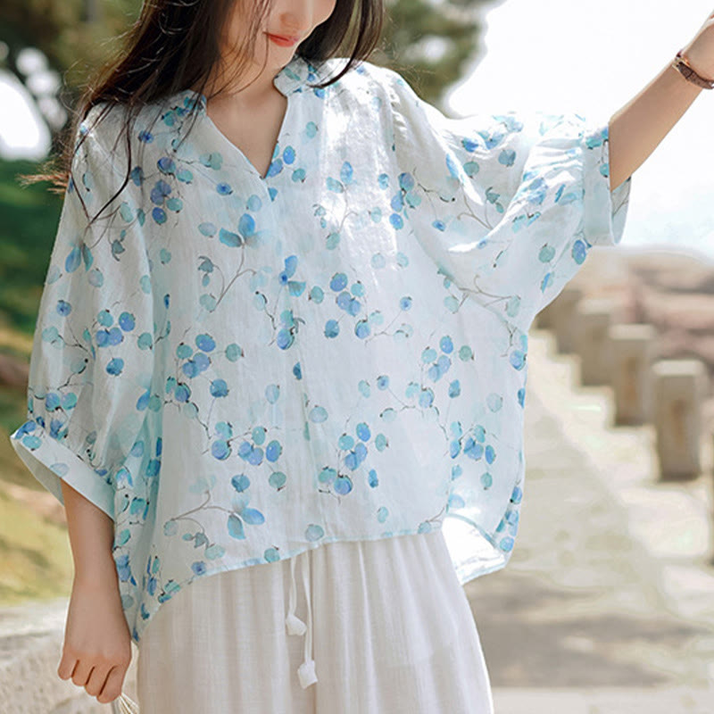 Buddha Stones Fruits Leaves Pattern Lantern Sleeve Top Loose Tee T-shirt - image 2