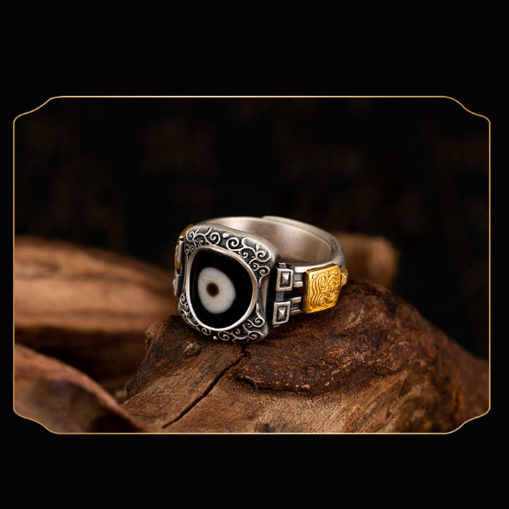 Buddha Stones 925 Sterling Silver Zakiram Goddess of Wealth Design Dzi Bead Protection Ring - image 9