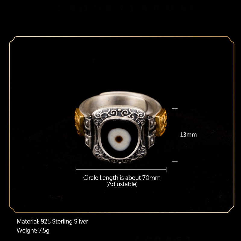 Buddha Stones 925 Sterling Silver Zakiram Goddess of Wealth Design Dzi Bead Protection Ring - image 11