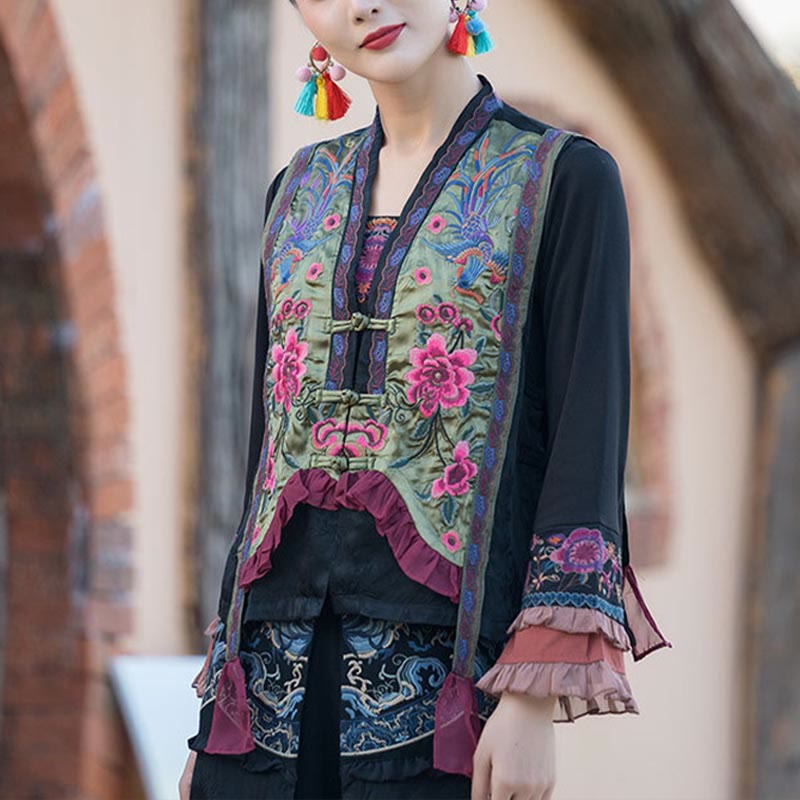 Buddha Stones Vintage Embroidery Flower Pattern Tang Suit Design Vest