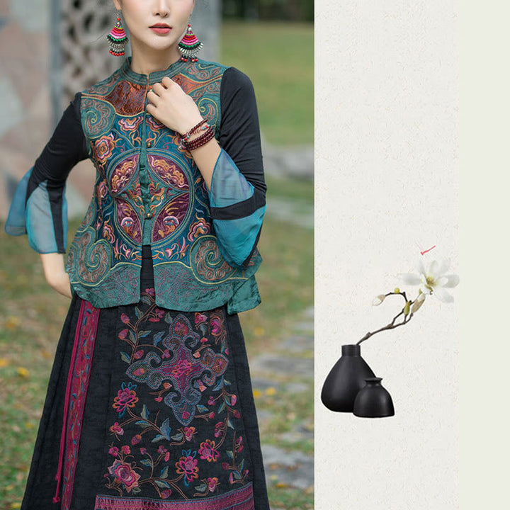 Buddha Stones Vintage Style Embroidery Flower Tang Suit Design Sleeveless Vest - image 8