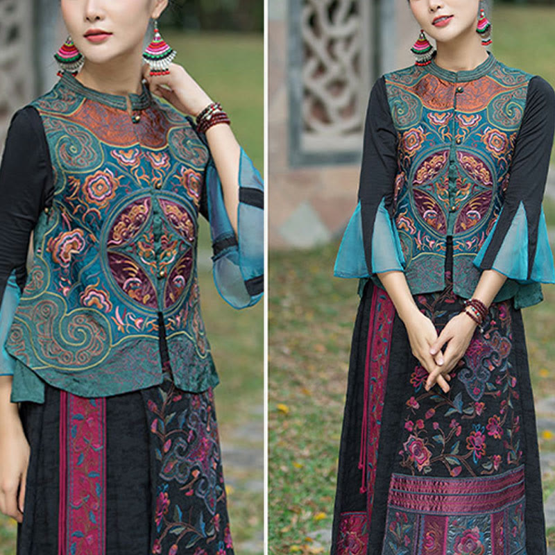 Buddha Stones Vintage Style Embroidery Flower Tang Suit Design Sleeveless Vest - image 7