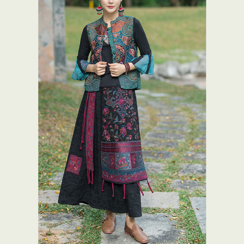 Buddha Stones Vintage Style Embroidery Flower Tang Suit Design Sleeveless Vest - image 5