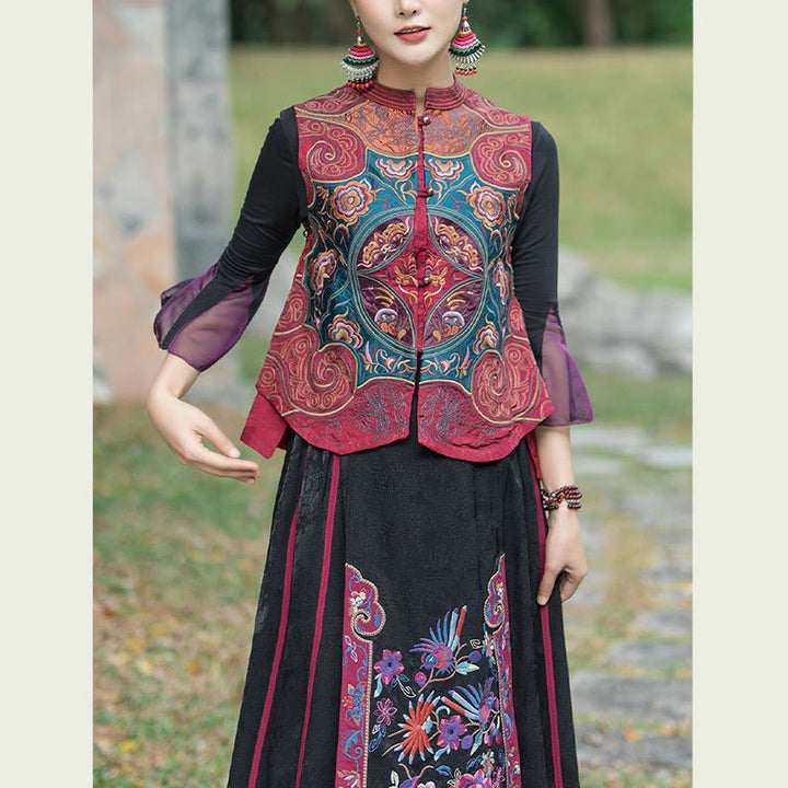 Buddha Stones Vintage Style Embroidery Flower Tang Suit Design Sleeveless Vest - image 20
