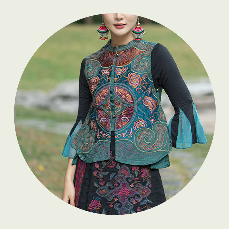 Buddha Stones Vintage Style Embroidery Flower Tang Suit Design Sleeveless Vest - image 9