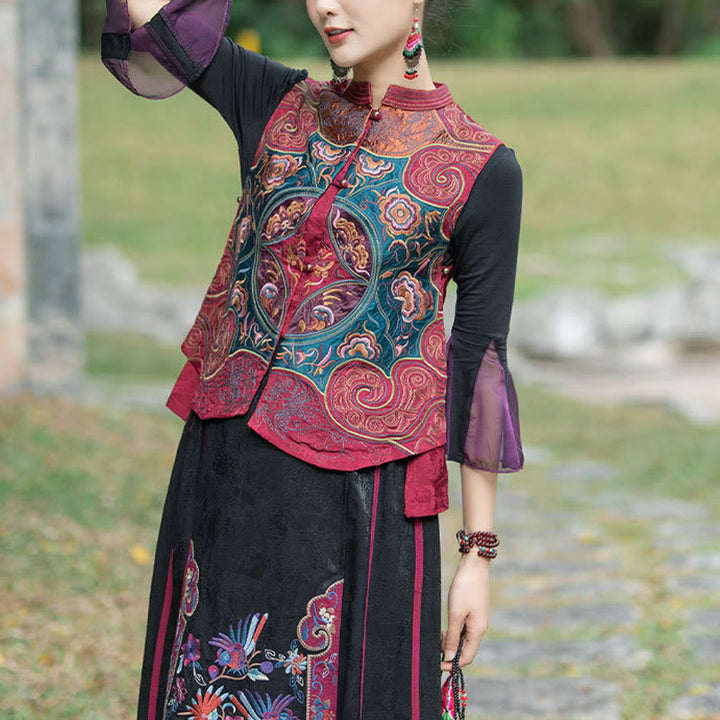 Buddha Stones Vintage Style Embroidery Flower Tang Suit Design Sleeveless Vest - Red(Vest Only) - 2XL(Bust 100cm/Shoulder 40cm/Length 59cm) - image 18