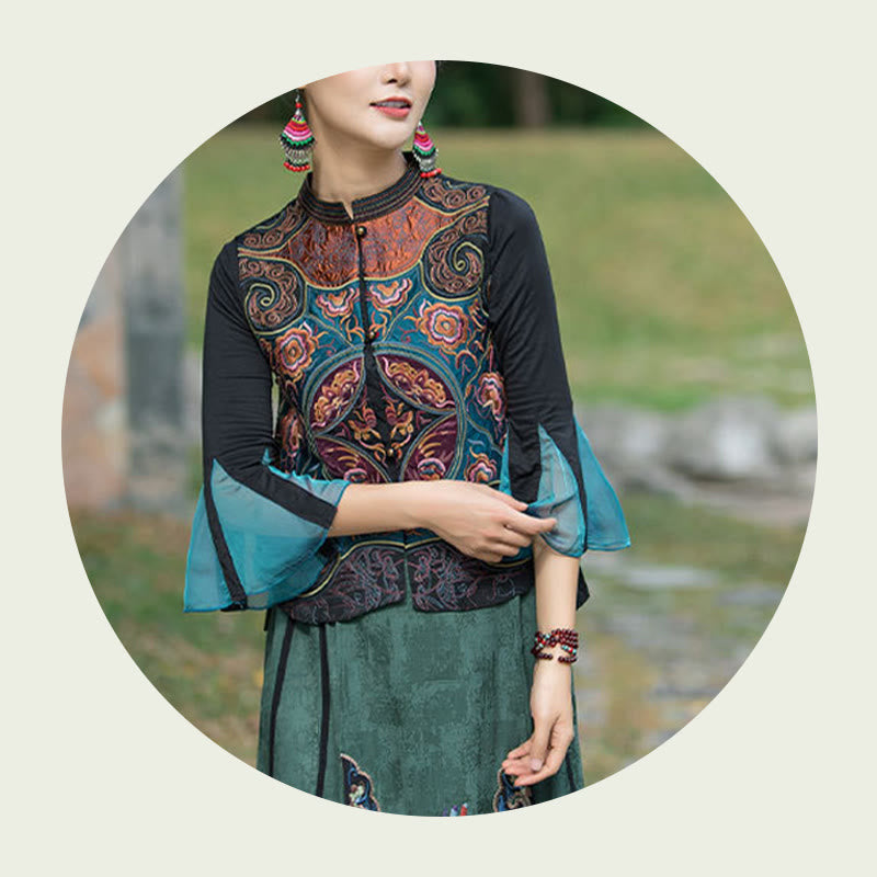 Buddha Stones Vintage Style Embroidery Flower Tang Suit Design Sleeveless Vest - image 17
